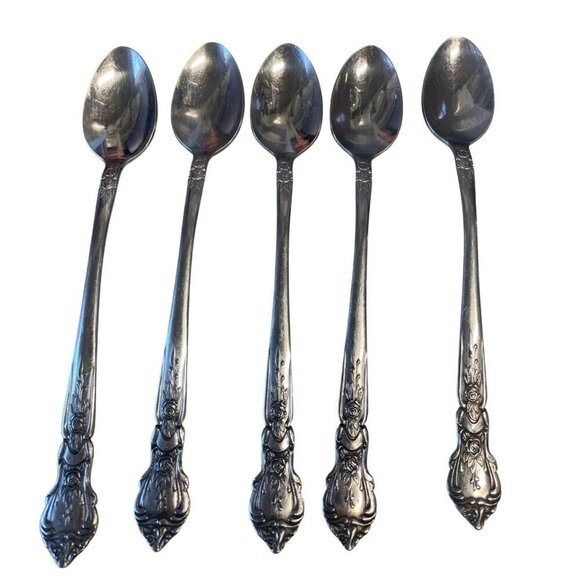 Set Of 5 Rose & Leaf National Stainless Japan ICE TEA Teaspoons - Picture 1 of 6